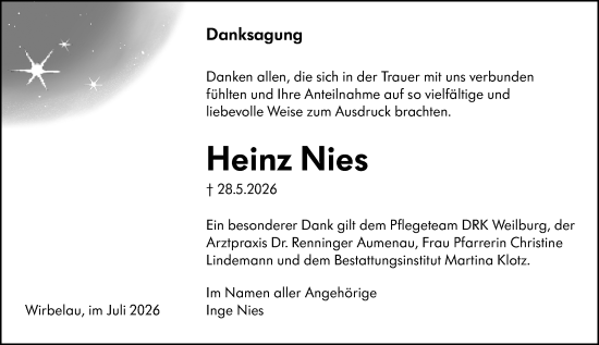 Traueranzeige von Heinz Nies von Weilburger Tageblatt