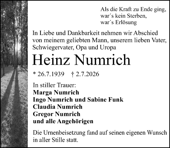 Traueranzeige von Heinz Numrich von Darmstädter Echo
