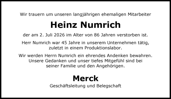 Traueranzeige von Heinz Numrich von Darmstädter Echo