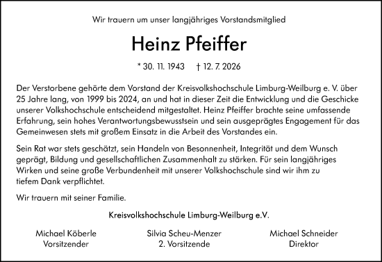 Traueranzeige von Heinz Pfeiffer von Weilburger Tageblatt