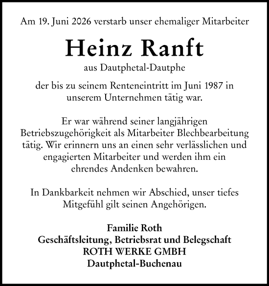Traueranzeige von Heinz Ranft von Hinterländer Anzeiger