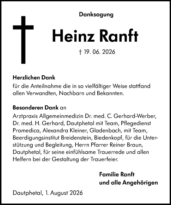 Traueranzeige von Heinz Ranft von Hinterländer Anzeiger