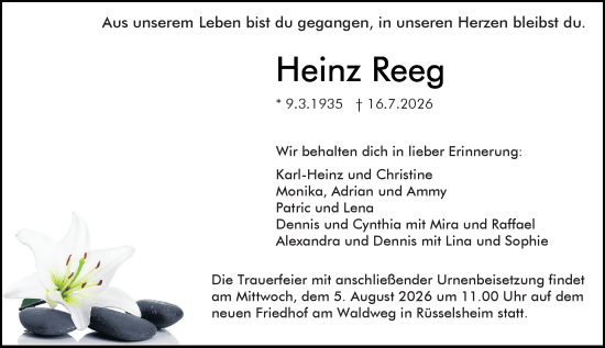 Traueranzeige von Heinz Reeg von Rüsselsheimer Echo