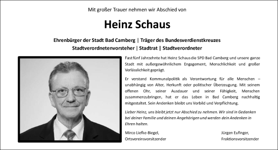 Traueranzeige von Heinz Schaus von Camberger Anzeiger