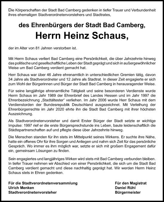 Traueranzeige von Heinz Schaus von Camberger Anzeiger