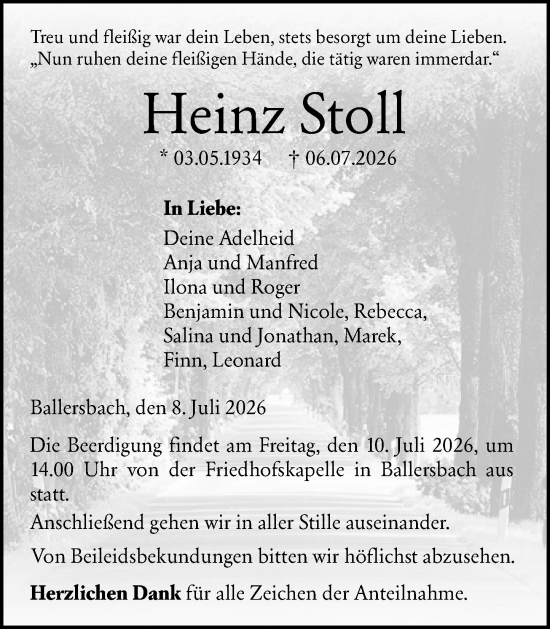 Traueranzeige von Heinz Stoll von Dill Block