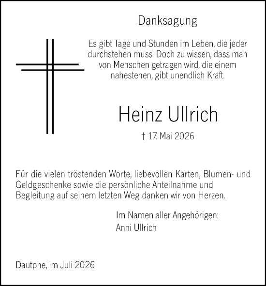 Traueranzeige von Heinz Ullrich von Hinterländer Anzeiger