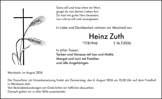 Traueranzeige von Heinz Zuth von Weilburger Tageblatt
