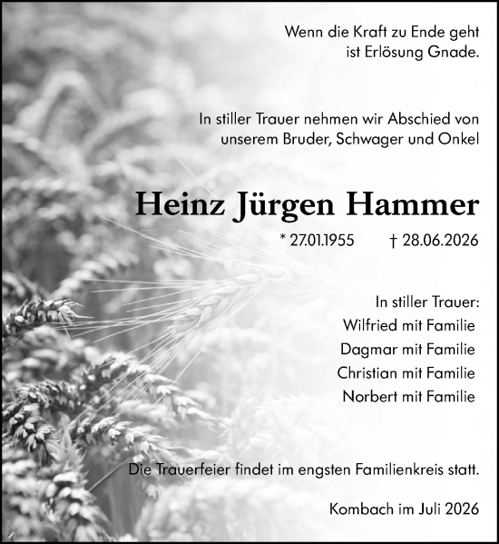 Traueranzeige von Heinz Jürgen Hammer von Hinterländer Anzeiger