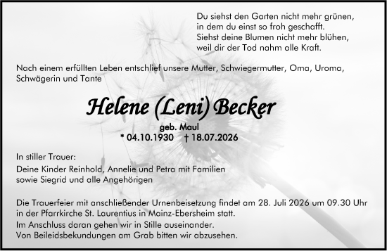 Traueranzeige von Helene Becker von Allgemeine Zeitung Mainz