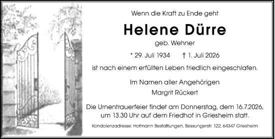 Traueranzeige von Helene Dürre von Darmstädter Echo