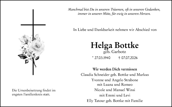 Traueranzeige von Helga Bottke von Allgemeine Zeitung Alzey