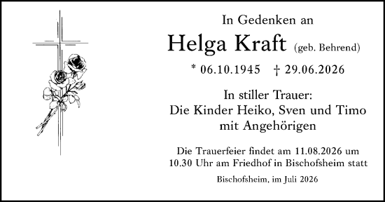 Traueranzeige von Helga Kraft von Mainspitze Wochenblatt