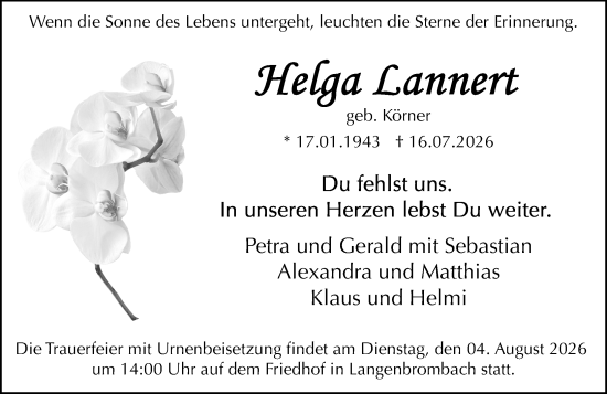 Traueranzeige von Helga Lannert von Odenwälder Echo