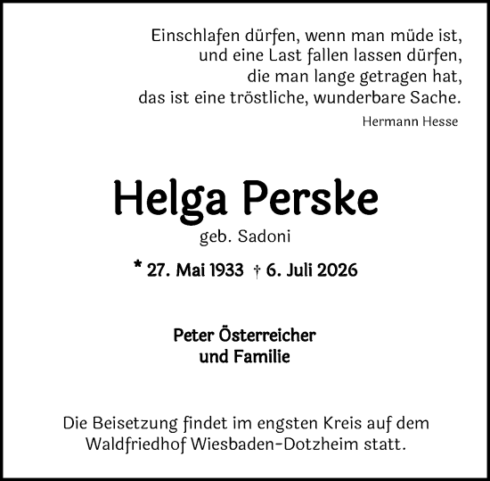 Traueranzeige von Helga Perske von Wiesbadener Kurier