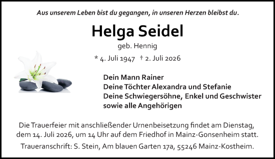 Traueranzeige von Helga Seidel von Allgemeine Zeitung Mainz