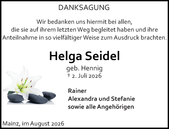 Traueranzeige von Helga Seidel von Allgemeine Zeitung Mainz