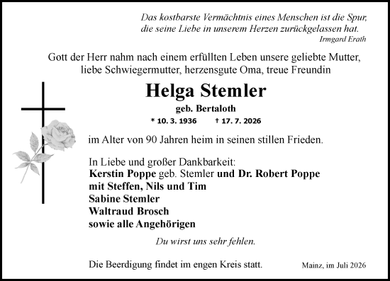 Traueranzeige von Helga Stemler von Allgemeine Zeitung Mainz