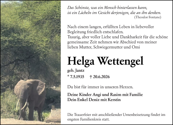 Traueranzeige von Helga Wettengel von Wiesbadener Kurier
