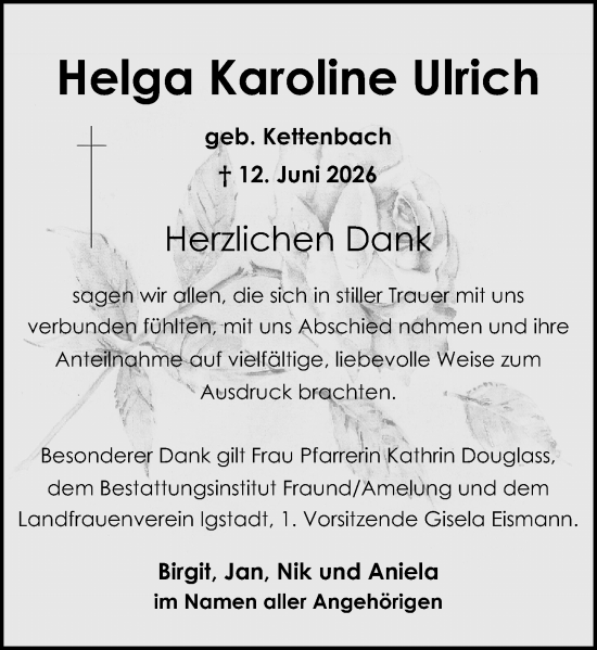 Traueranzeige von Helga Karoline Ulrich von Wiesbadener Kurier