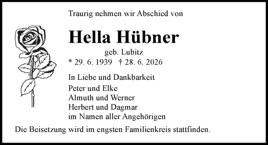 Traueranzeige von Hella Hübner von Allgemeine Zeitung Mainz