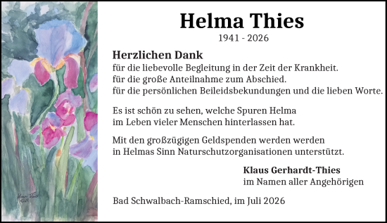 Traueranzeige von Helma Thies von Rheingau-Taunus-Kreis Wochenblatt