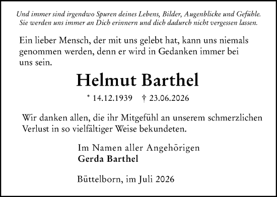 Traueranzeige von Helmut Barthel von Groß-Gerauer Echo