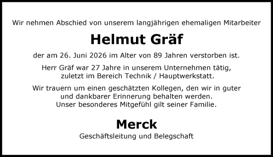 Traueranzeige von Helmut Gräf von Darmstädter Echo