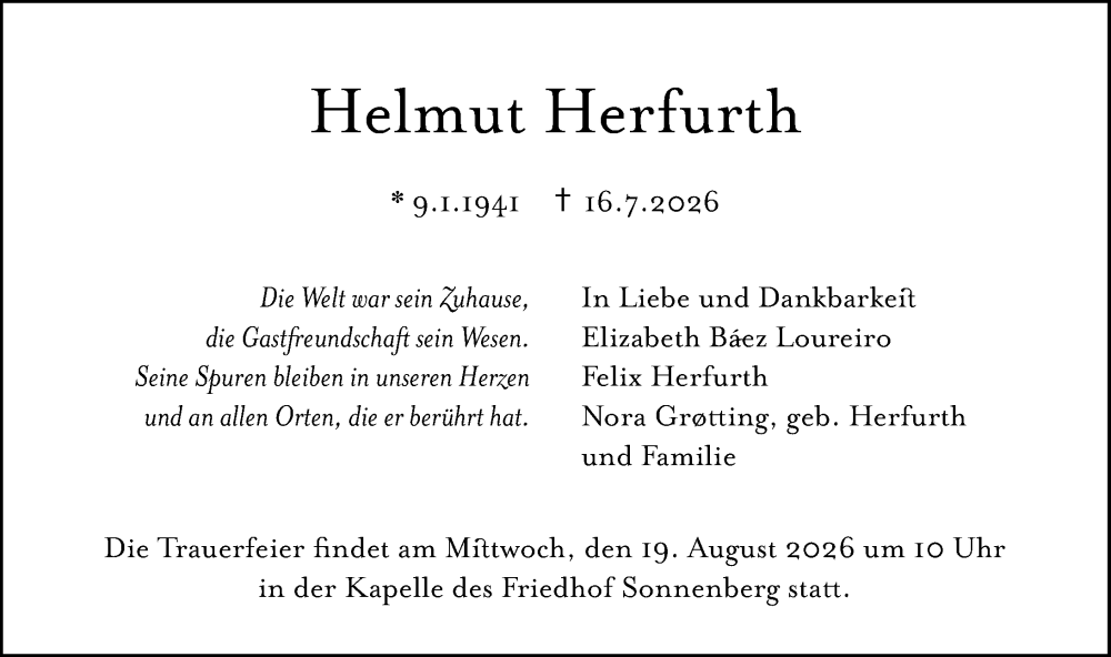  Traueranzeige für Helmut Herfurth vom 25.07.2026 aus Wiesbadener Kurier