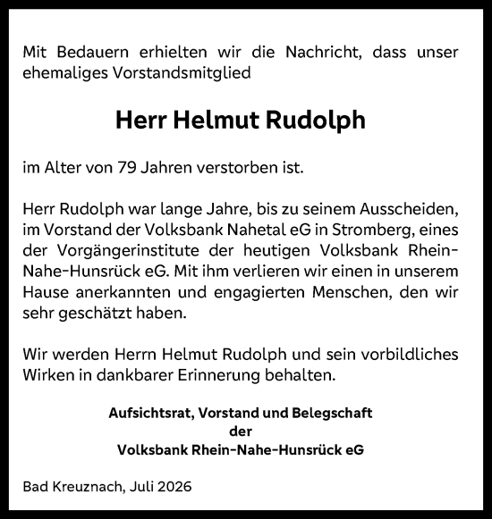 Traueranzeige von Helmut Rudolph von Allgemeine Zeitung Rheinhessen-Nahe