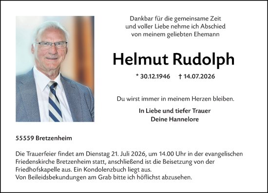 Traueranzeige von Helmut Rudolph von Allgemeine Zeitung Rheinhessen-Nahe