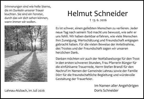 Traueranzeige von Helmut Schneider von Wetzlarer Neue Zeitung