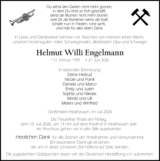 Traueranzeige von Helmut Willi Engelmann von Weilburger Tageblatt