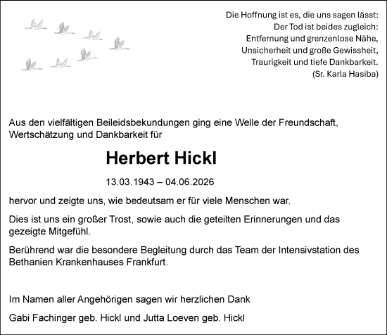 Traueranzeige von Herbert Hickl von Camberger Anzeiger
