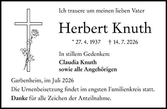 Traueranzeige von Herbert Knuth von Wetzlarer Neue Zeitung