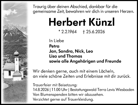 Traueranzeige von Herbert Künzl von Wiesbadener Kurier