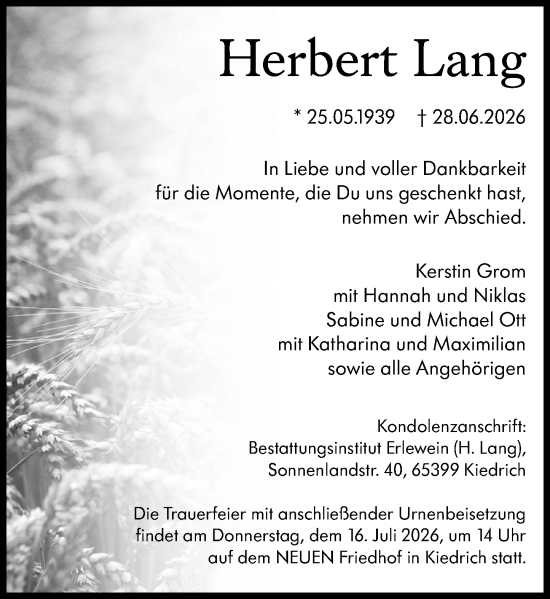 Traueranzeige von Herbert Lang von Rheingau Kurier