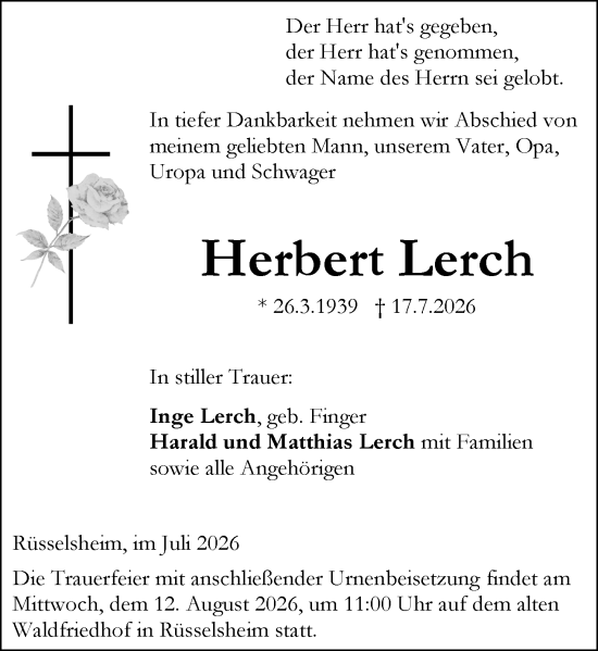 Traueranzeige von Herbert Lerch von Rüsselsheimer Echo