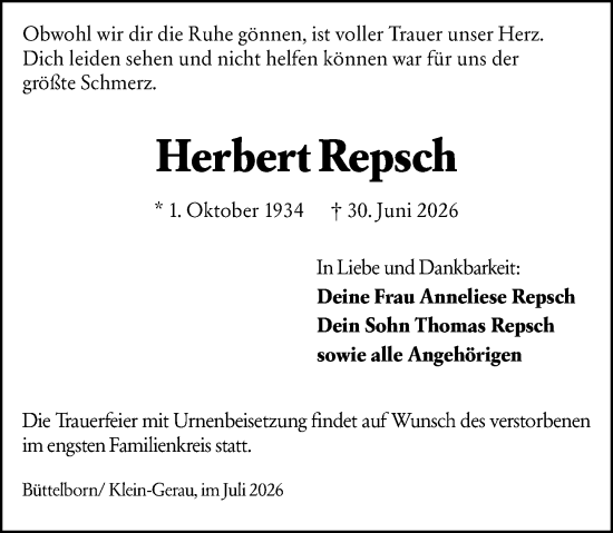 Traueranzeige von Herbert Repsch von Groß-Gerauer Echo