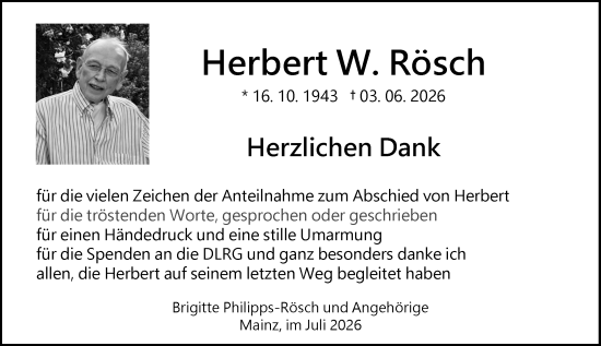 Traueranzeige von Herbert W. Rösch von Allgemeine Zeitung Mainz