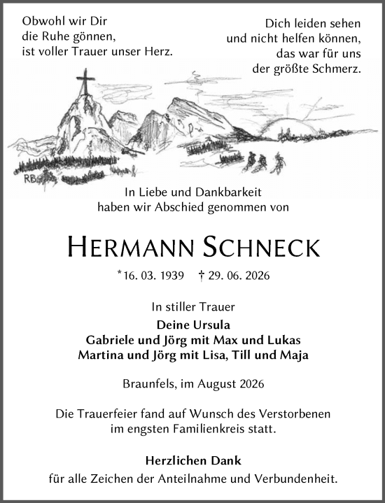 Traueranzeige von Hermann Schneck von Wetzlarer Neue Zeitung