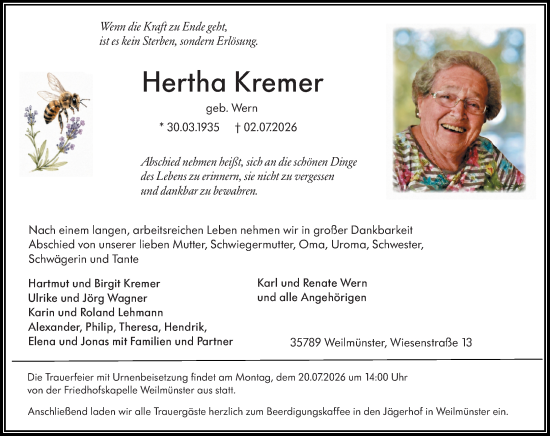 Traueranzeige von Hertha Kremer von Weilburger Tageblatt