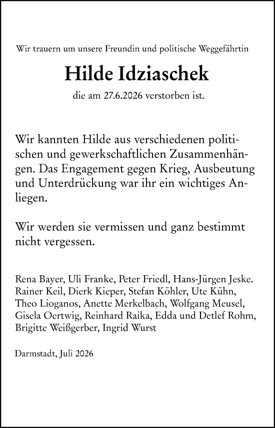 Traueranzeige von Hilde Idziaschek von Darmstädter Echo