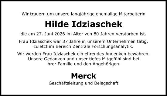 Traueranzeige von Hilde Idziaschek von Darmstädter Echo