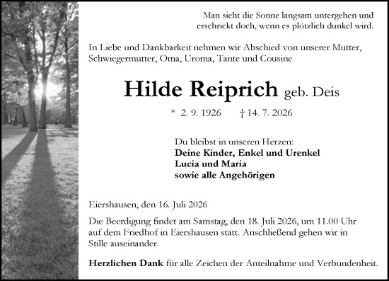 Traueranzeige von Hilde Reiprich von Dill Block