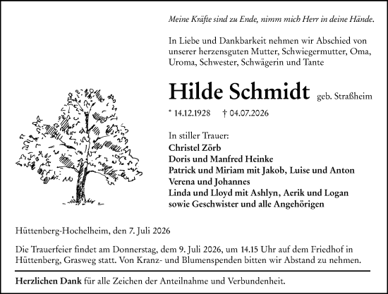 Traueranzeige von Hilde Schmidt von Wetzlarer Neue Zeitung
