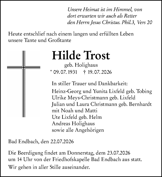 Traueranzeige von Hilde Trost von Hinterländer Anzeiger