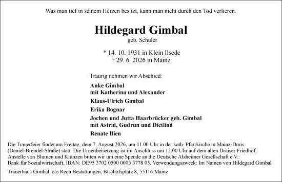 Traueranzeige von Hildegard Gimbal von Allgemeine Zeitung Mainz