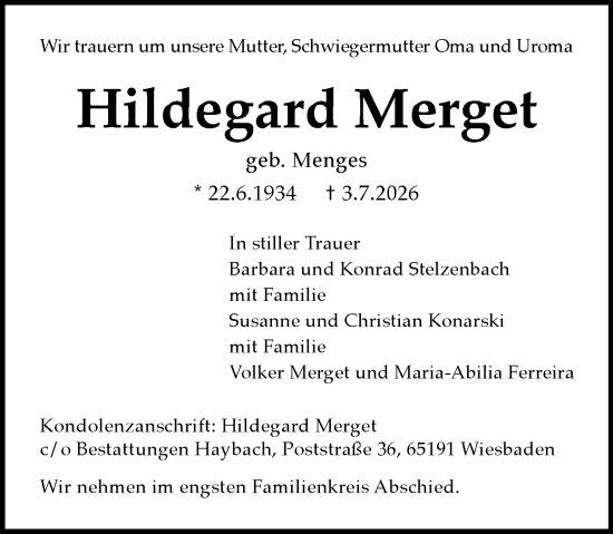 Traueranzeige von Hildegard Merget von Wiesbadener Kurier