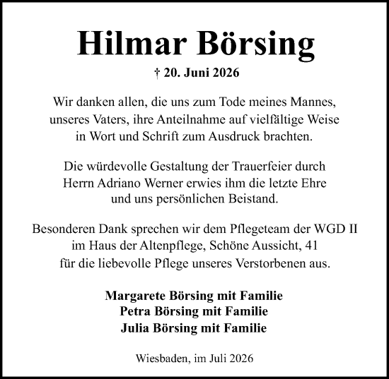 Traueranzeige von Hilmar Börsing von Wiesbadener Kurier